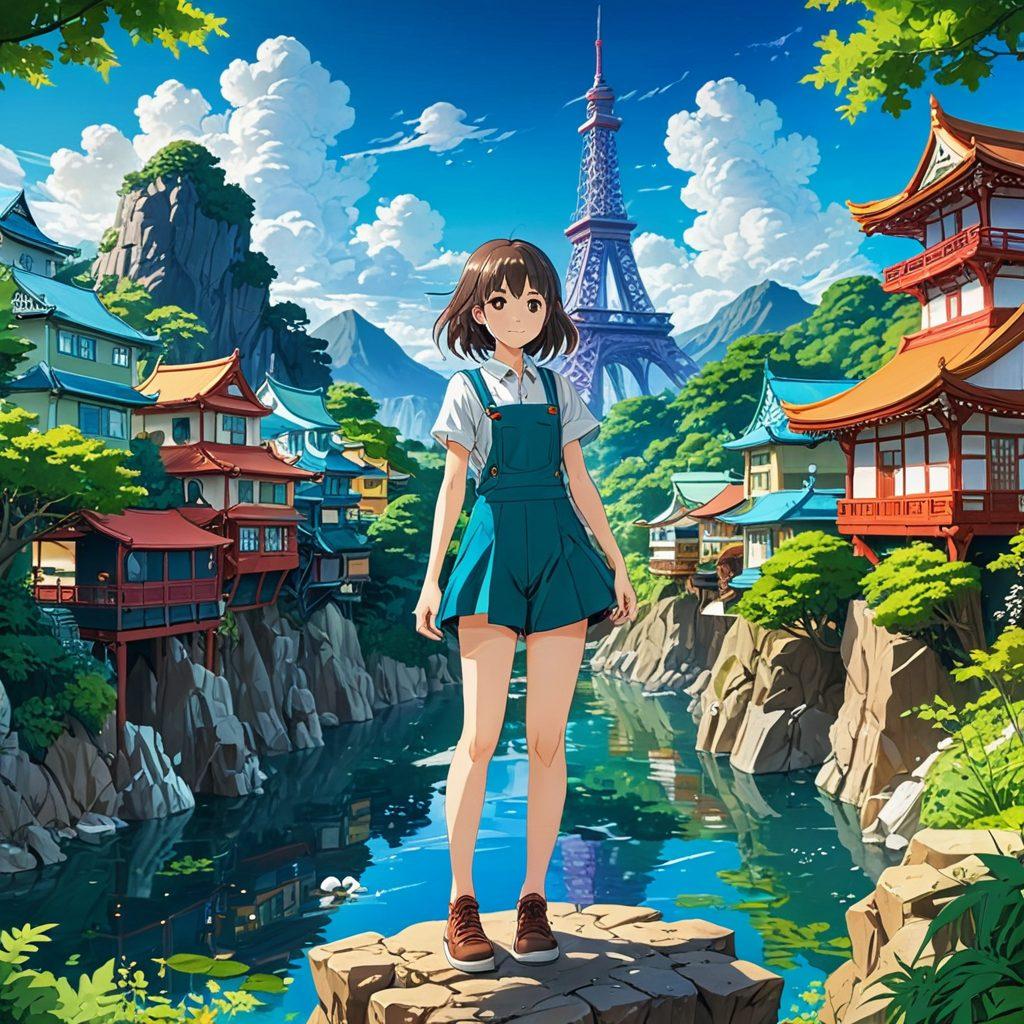 A whimsical and colorful illustration featuring an adventurous character exploring a fantastical anime-inspired landscape filled with manga-style landmarks and iconic adult themes. The backdrop should showcase a blend of vibrant cityscapes and serene nature, with playful elements like floating comic panels and oversized manga books. Incorporate diverse characters in dynamic poses to represent the wide spectrum of adult entertainment within manga and anime. The overall atmosphere should feel light-hearted yet adventurous, inviting fans to dive deep into this unique realm. vibrant colors. anime style. detailed background.
